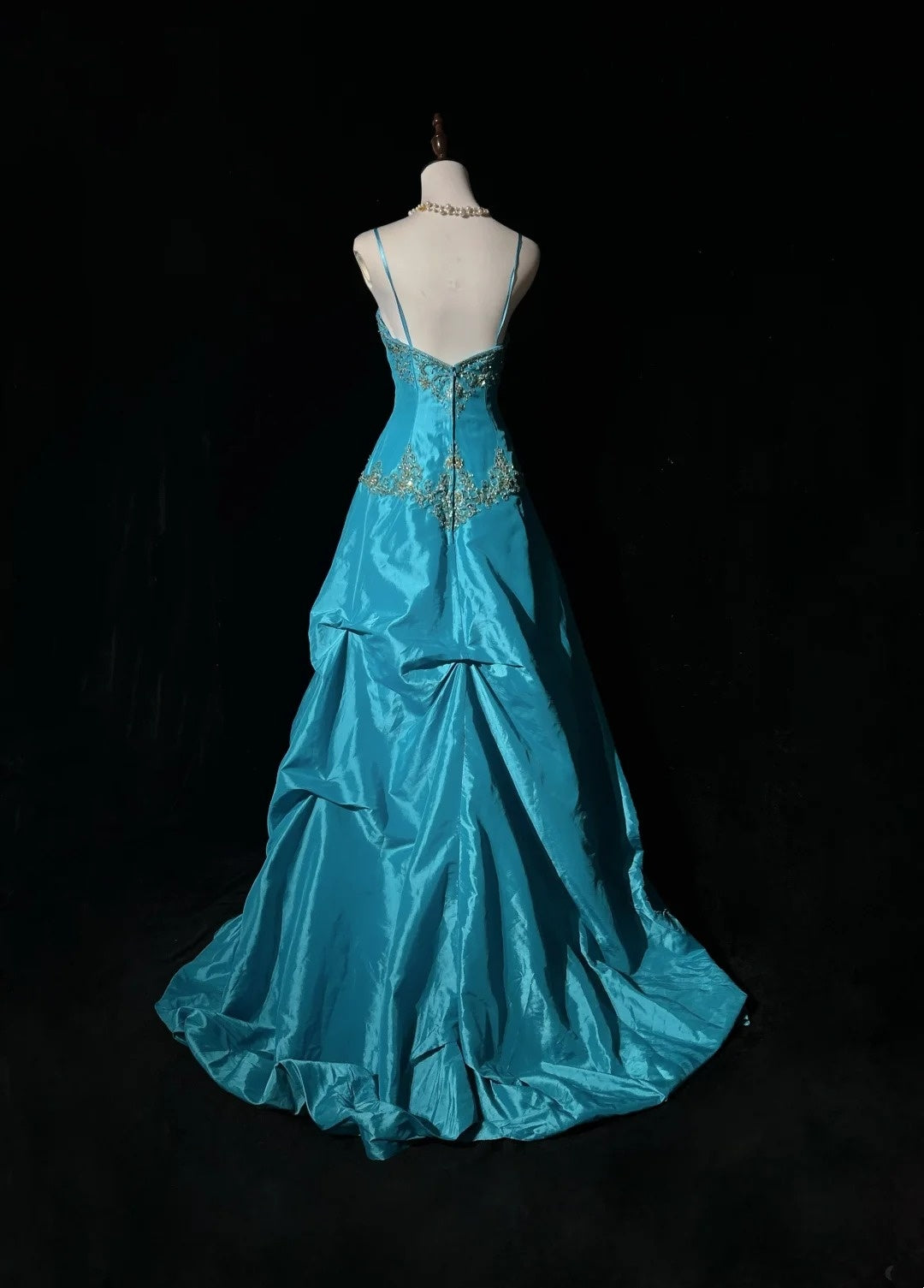 Vintage Abschlussballkleider Ästhetik 80er Retro Ballkleid Spaghettiträger Blau Taft Bodenlang Abendgarderobe N2329