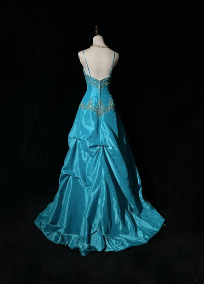 Vintage Abschlussballkleider Ästhetik 80er Retro Ballkleid Spaghettiträger Blau Taft Bodenlang Abendgarderobe N2329