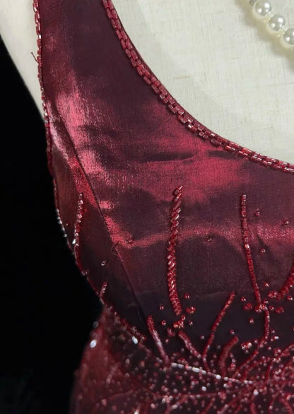Robes de bal vintage des années 90, ligne A, col carré, taffetas bordeaux avec perles, longue robe de bal N3030