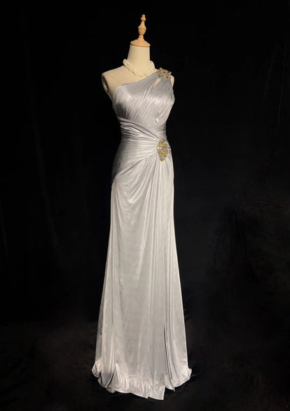 Belles Robes de Bal Coupe Empire Asymétrique Gris Argenté Longues Tenues de Soirée Formelles N3663