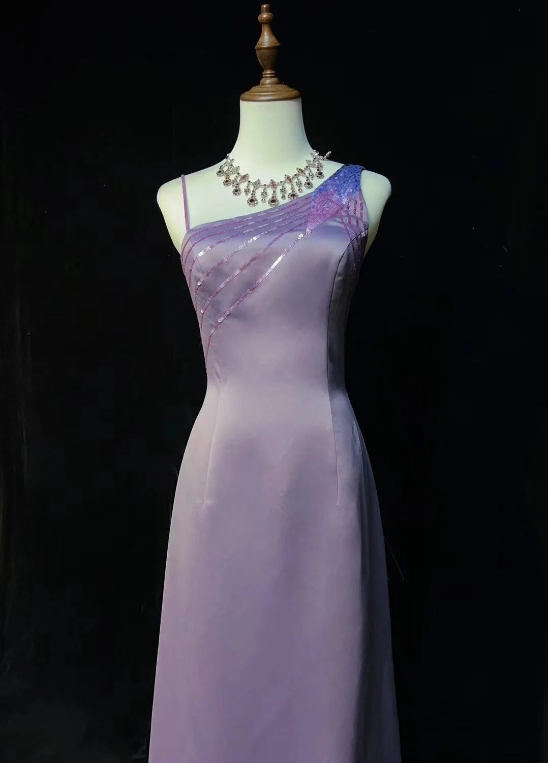 Vintage Prom Dresses A Line Lilac Satin Sleeveless 70s Beads Formal Gown N2568