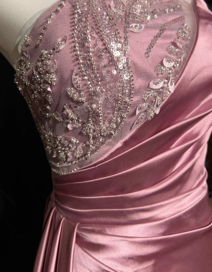 Robes de bal vintage, inspiration sirène, asymétrique, satin avec perles, fente, robe de soirée longue années 80 N2735