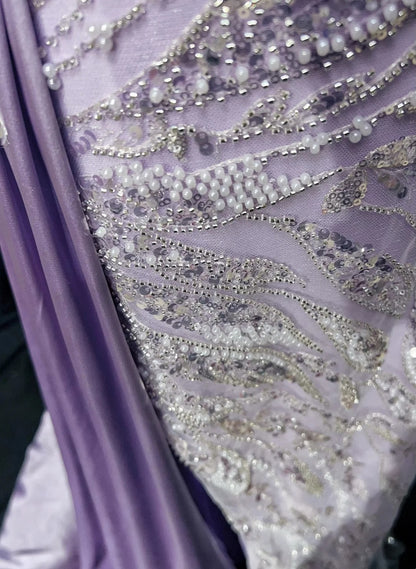 Robe de bal vintage Inspo sirène bustier lilas sequinée avec perles fendues années 80 longue robe de soirée N2742