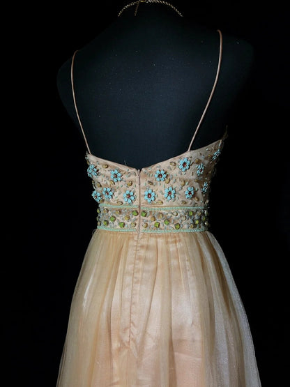 Robes de bal vintage des années 80, coupe trapèze, bretelles spaghetti, tulle champagne, longues, tenues de soirée semi-formelles N3649