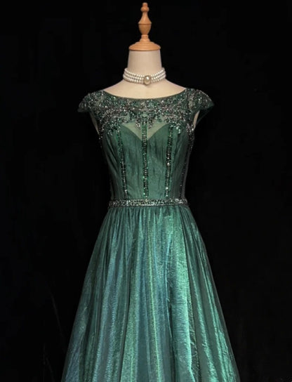 Vintage Abschlussballkleider A-Linie Rundhalsausschnitt Dunkelgrün Tüll Mit Perlen 90er Jahre Abendkleid N2590