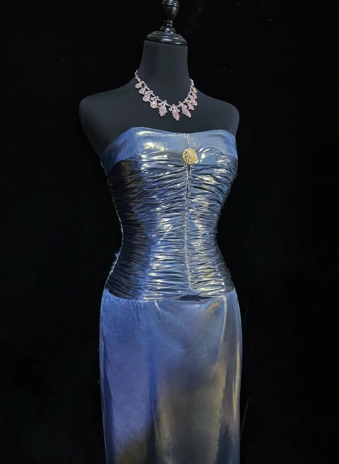 Robes esthétiques de bal vintage bleu marine coupe trapèze avec perles longue robe de soirée N3025