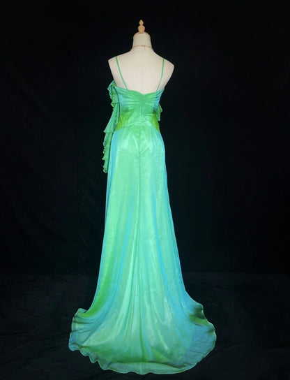 Beautiful Prom Dresses A Line Spaghetti Strap Green Chiffon With Ruffle Long Evening Outfits N3331