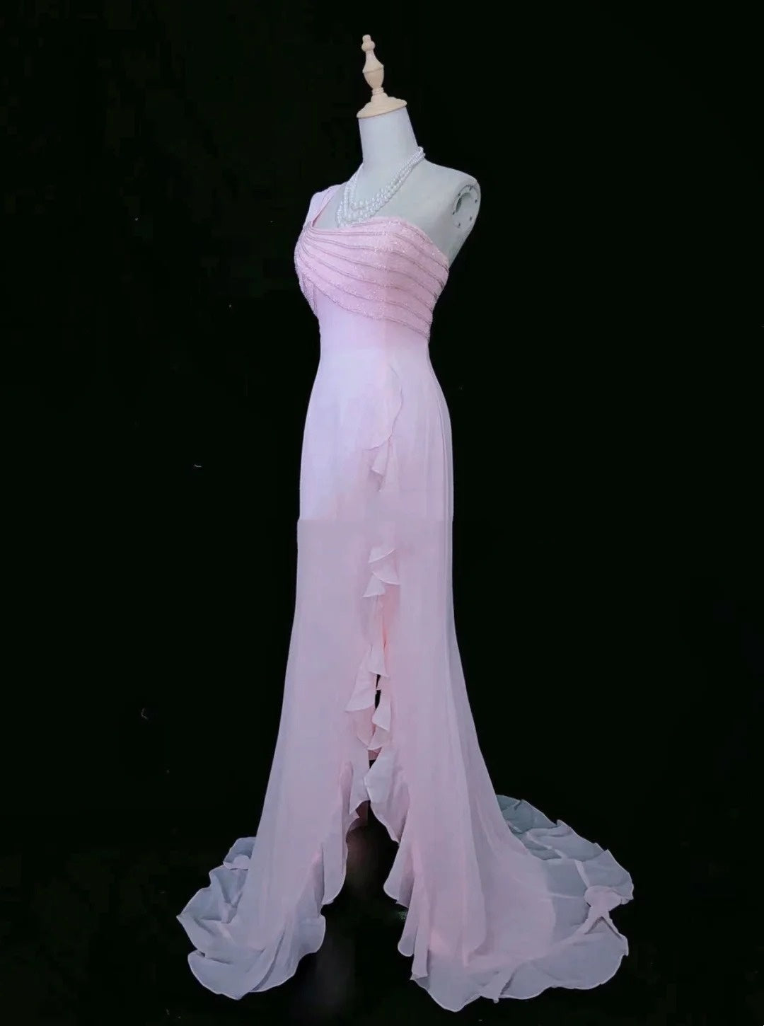 Vintage Abschlussballkleider 80er Meerjungfrau One Shoulder Pink Chiffon Ärmellos Mit Perlen Semi-Formale Abendoutfits N3620