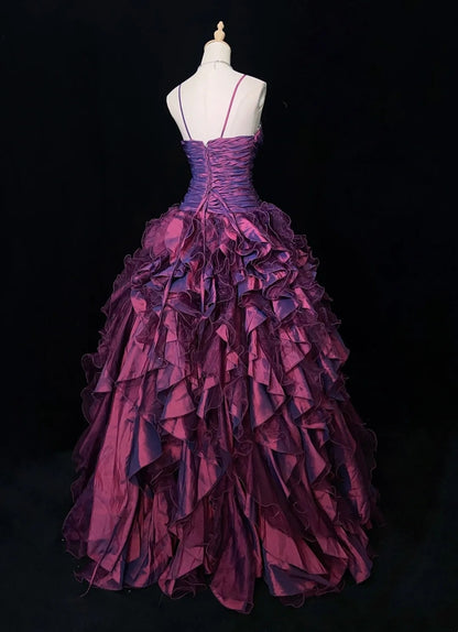 Vintage Ballkleider Inspo Ballkleid Spaghettiträger Lila Tüll Stufenlagen 80er mit Perlen Abendkleider N3357
