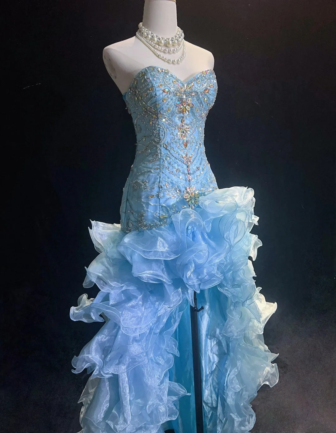 Vintage Prom Dresses High Low Sweetheart Blue Sleeveless 80s Long Formal Gown N2862