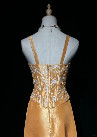 Charmantes robes de bal trapèze à fines bretelles dorées, robes de soirée longues N3900