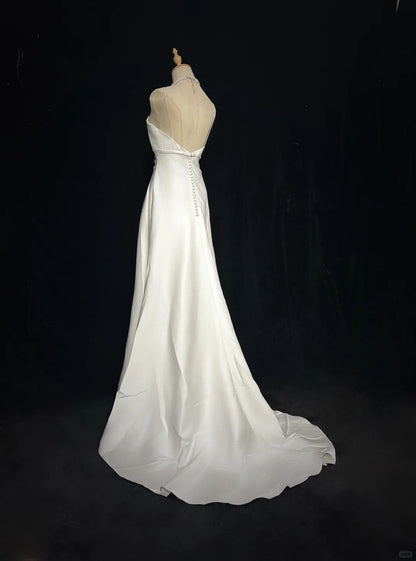 Vintage A line Spaghetti Strap Sleeveless Floor Length Satin Garden White Wedding Dresses RB3313