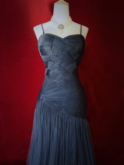 Robes de bal élégantes Inspo Sirène Bretelles fines Bleu marine Tulle à volants Pour femme Robe de soirée N3226