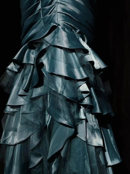 Robe de soirée longue sirène vintage, asymétrique, en satin bleu poudré avec plis, sans manches, pour anniversaire ou bal de promo N2442