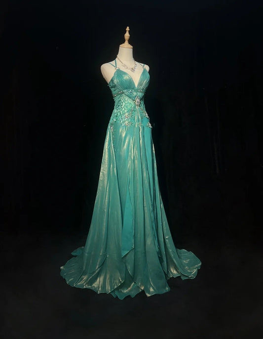 Elegantes A-Linien-Spaghettiträger-Kleid aus blauem Chiffon mit besticktem Oberteil, langes Ballkleid N2724