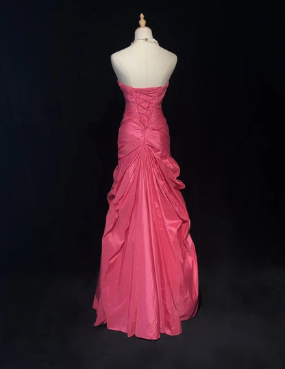 Vintage Abschlussballkleider Meerjungfrau Trägerlos Hot Pink Satin Mit Gestuften Lagen 90er Langes Abendkleid N2915