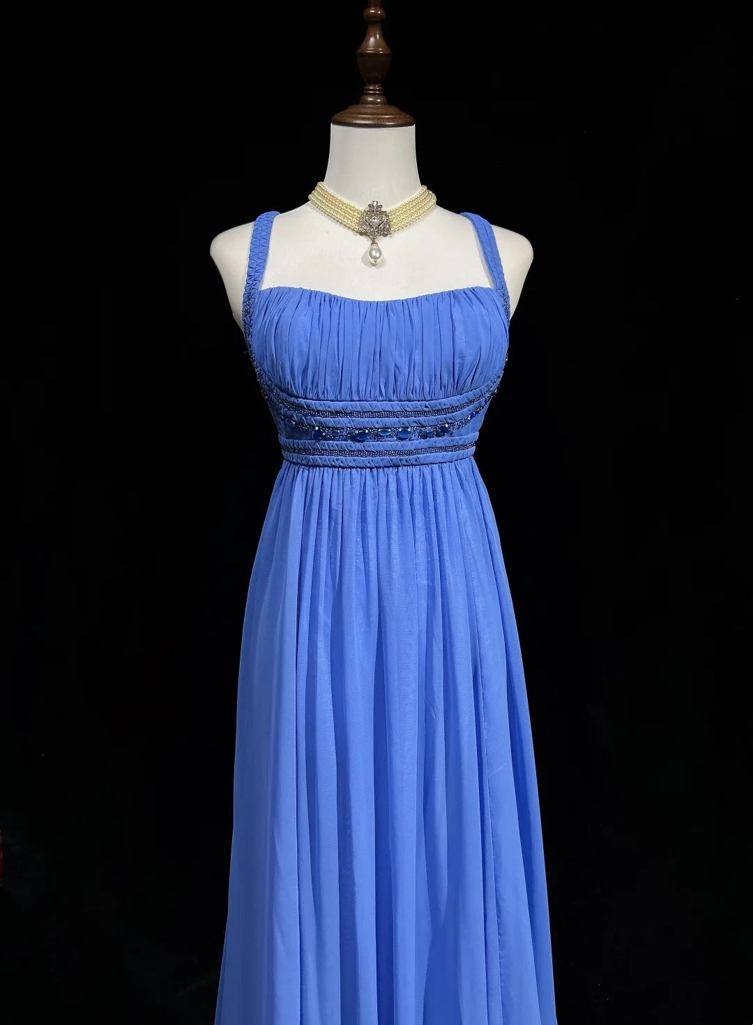 Vintage Ballkleider A-Linie Spaghettiträger Blau Chiffon mit Perlenbesatz Langes Abendkleid N2446