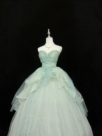 Abendkleider für den 16. Geburtstag, langes Ballkleid, langes Geburtstagskleid für Sweet Sixteen, trägerloses, salbeigrünes Festkleid RC0362