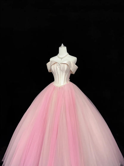 Tulle Prom Dress Long Floor Length Ball Gown Off Shoulder Blush Pink With Sleeves Formal Evening Gown For Women RC0257