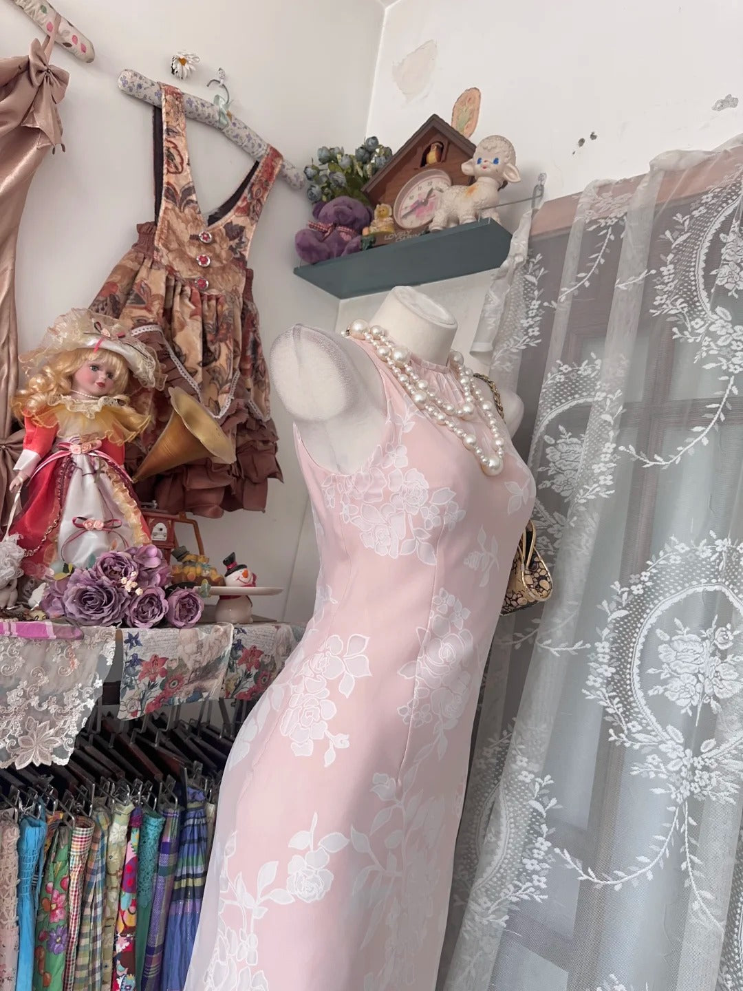 Vintage Mermaid High Neck Pink Floral Date Night Evening Outfit Formal Prom Dresses RB5297