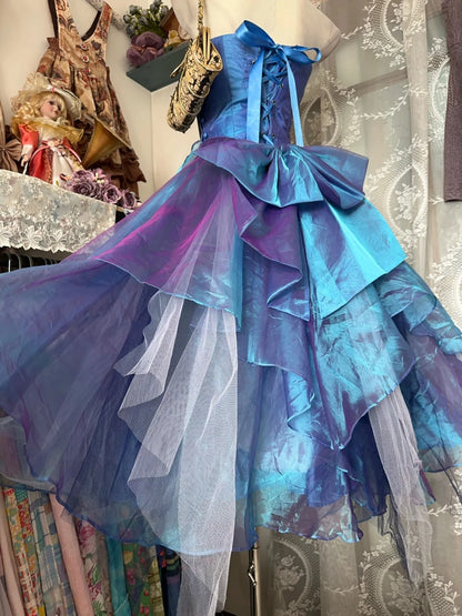 Elegante Ballkleider für den Abschlussball, herzförmiger Ausschnitt, blaue Organza, Teelänge, lange formelle Abendgarderobe N3769