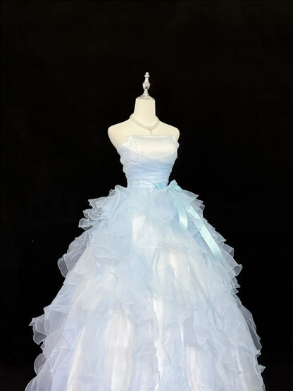 Light Sky Blue Prom Dress Long Floor Length Ball Gown Strapless With Tiered Layers Formal Evening Gown For Women RC0227