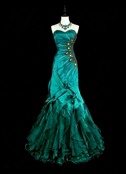 Esthétique des robes de bal vintage Robe longue de soirée sirène rétro en satin vert des années 1970 N2150