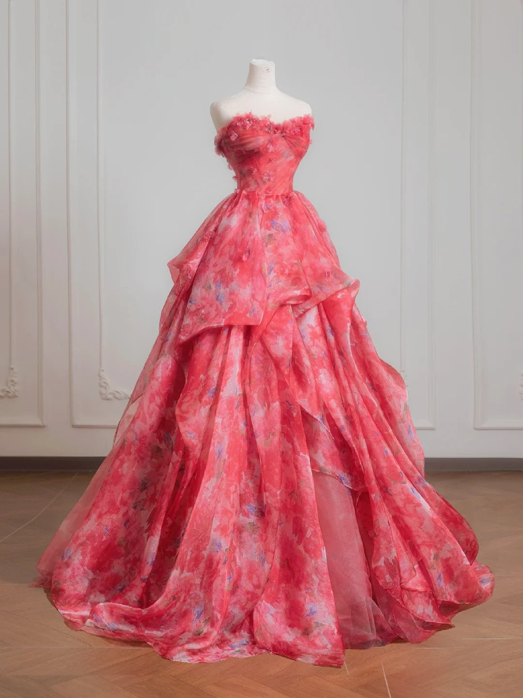 Robe de bal romantique rose à fleurs en mousseline, longue robe de soirée formelle, robe d'anniversaire formelle, robe de bal N727