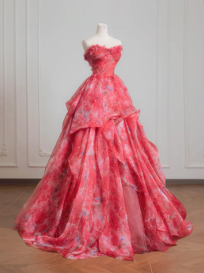 Robe de bal romantique rose à fleurs en mousseline, longue robe de soirée formelle, robe d'anniversaire formelle, robe de bal N727