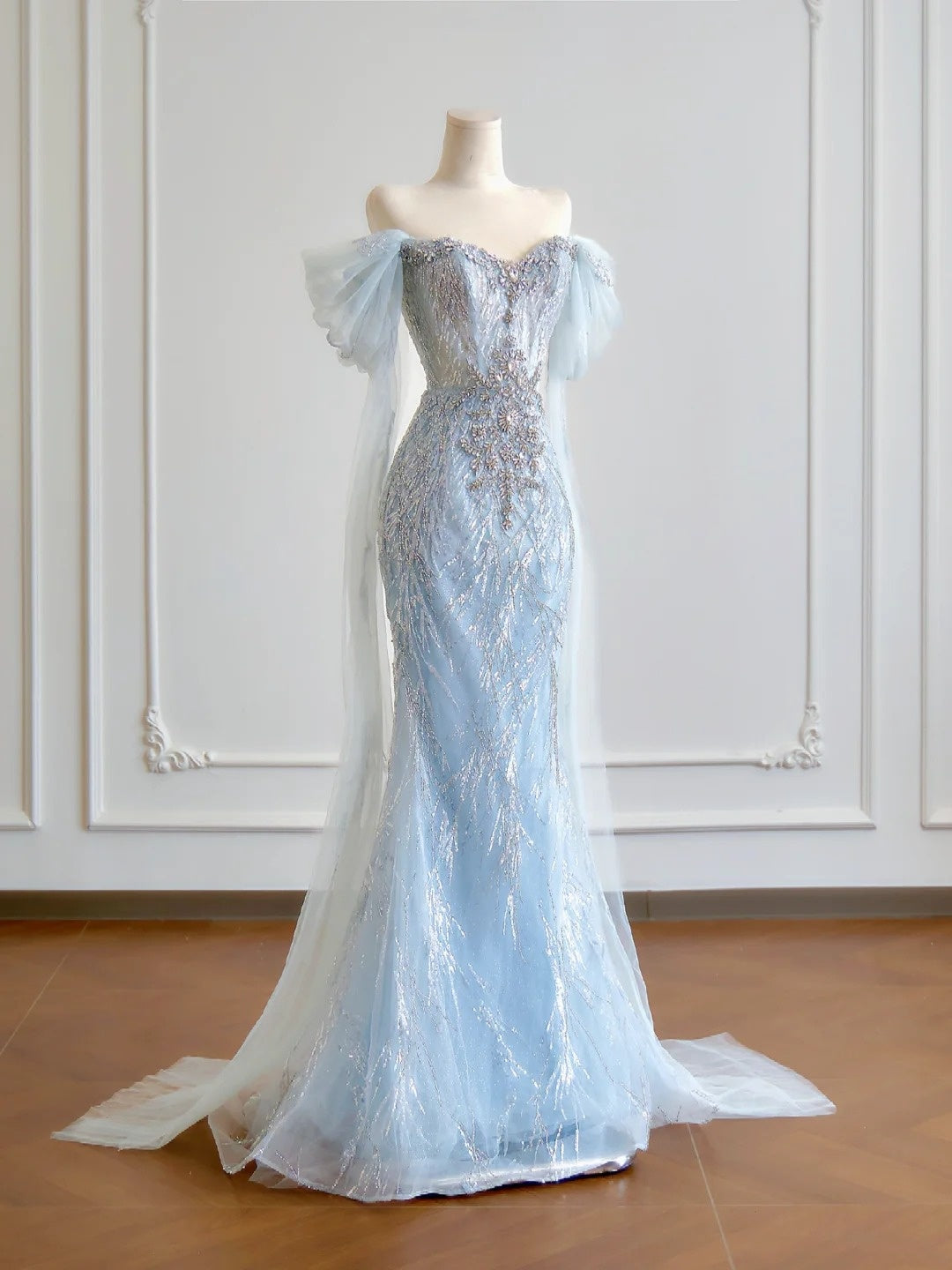 Luxuriöses Meerjungfrauen-Abendkleid in Hellblau mit kurzen Ärmeln, schulterfrei, langes formelles Abendkleid für Geburtstagsfeiern, N379