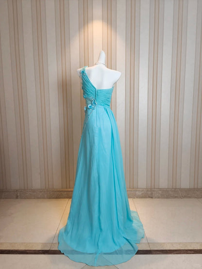 Vintage Prom Dresses A line One Shoulder Blue Chiffon 80s With Flowers Long Formal Evening Outfits N4217
