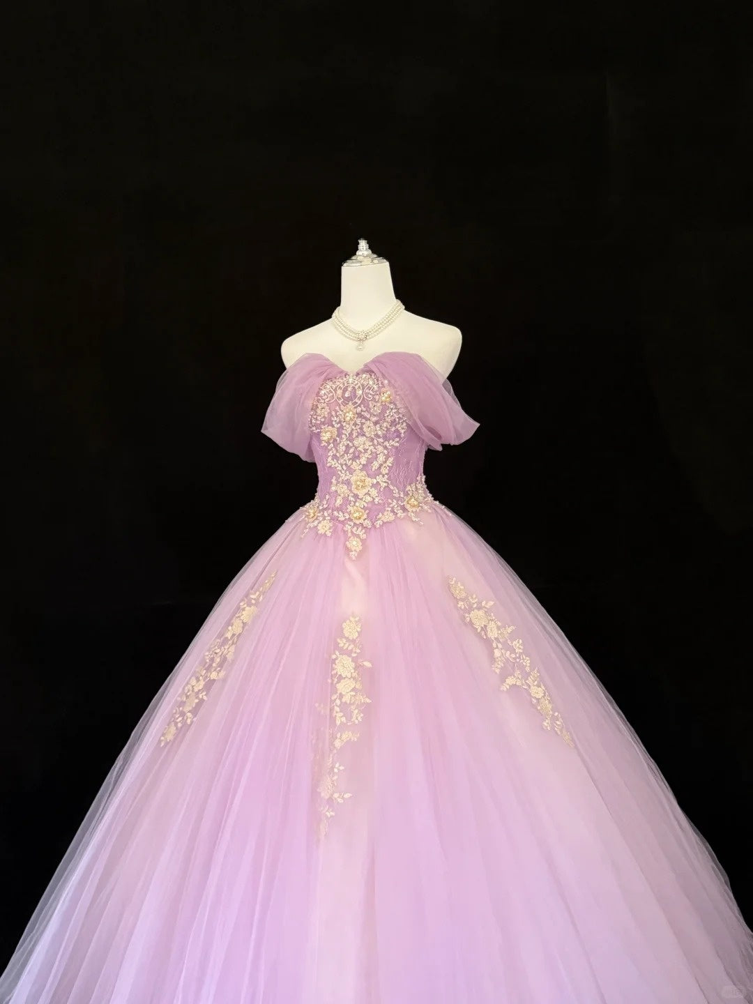 Tulle Prom Dress Long Floor Length Ball Gown Off Shoulder Lilac With Sleeves Lace Formal Evening Gown For Women RC0266