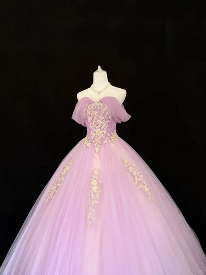 Tulle Prom Dress Long Floor Length Ball Gown Off Shoulder Lilac With Sleeves Lace Formal Evening Gown For Women RC0266