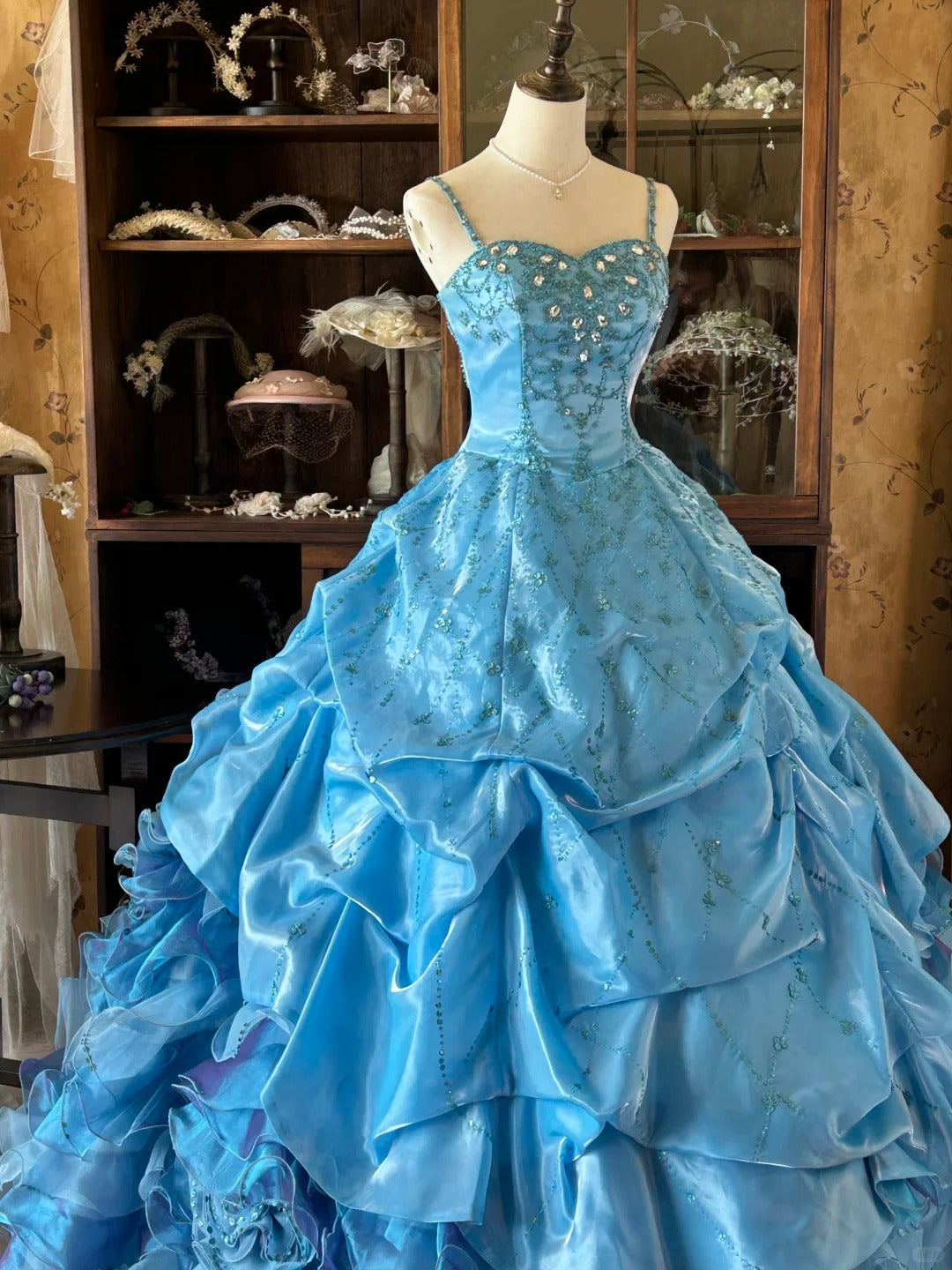 Vintage Ballkleid Spaghettiträger Blau Mit Lagen Stufen Sweet 16 Kleider Lang 15 Vestidos De Fiesta N2264
