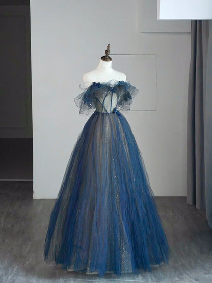 Robe de bal sobre à épaules dénudées en tulle bleu, tenue de soirée pour jeunes filles de 16 ans (N1173)