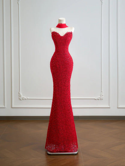 Romantisches Meerjungfrauen-Abendkleid aus roter Spitze mit Schal, langes Kleid, beeindruckendes Outfit zum 18. Geburtstag, Partykleid N395