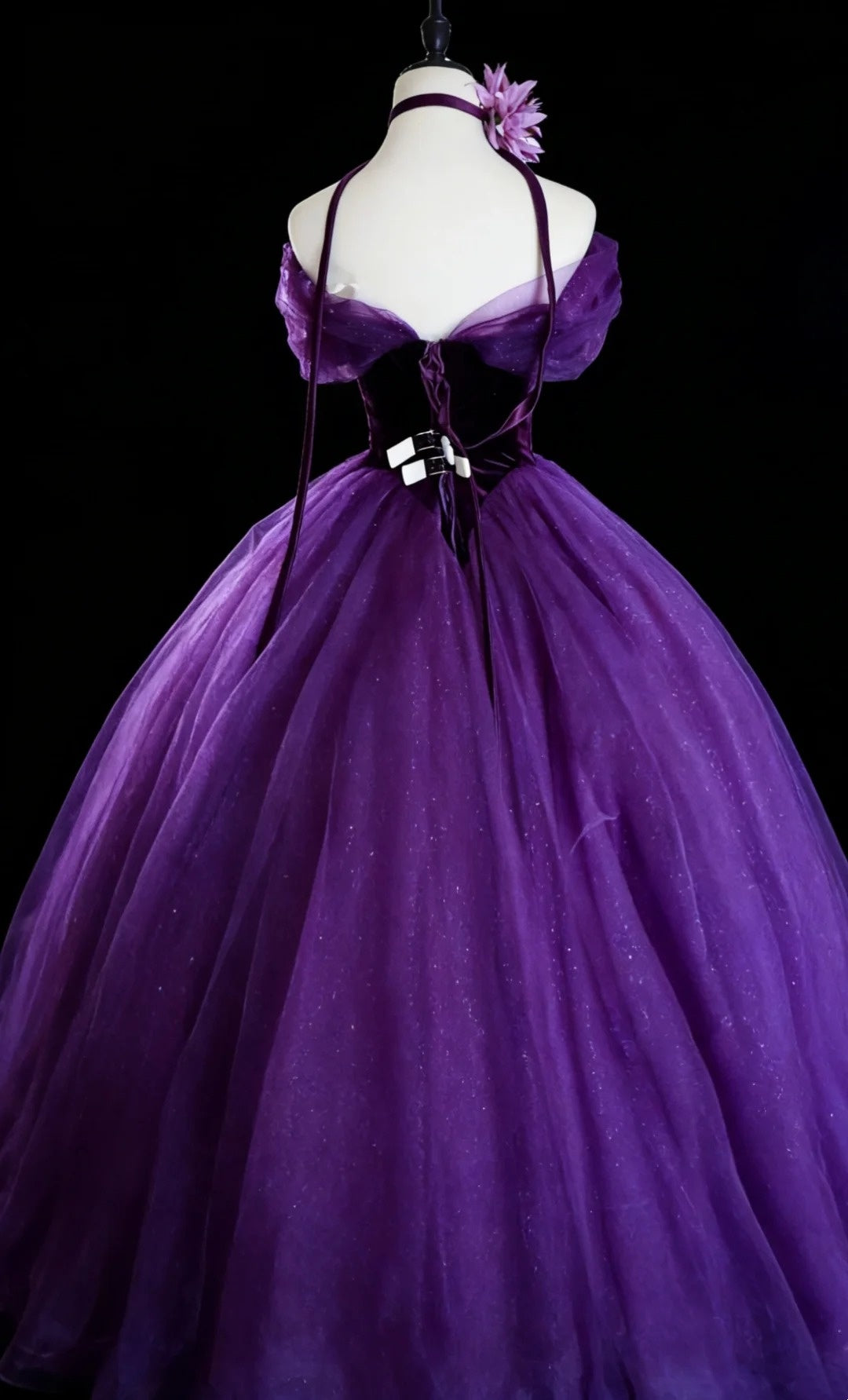 Robes de bal modestes à épaules dénudées en tulle violet avec manches longues Quinceañera N2966