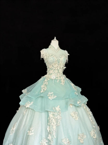 Sweet 16 Dresses Long Ball Gown Sweet Sixteen Long Birthday Dress High Neck Mint Green Tulle Formal Gown RC0281