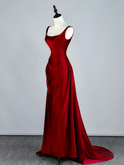 Robe de bal longue sirène en satin bordeaux à col carré, inspiration robe de princesse, robe de remise de diplôme N1086