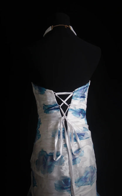 Robe de bal longue rétro sirène à imprimé floral bleu, style années 2000 - Inspiration pour une tenue de 19 ans - Robe de soirée - 499 N