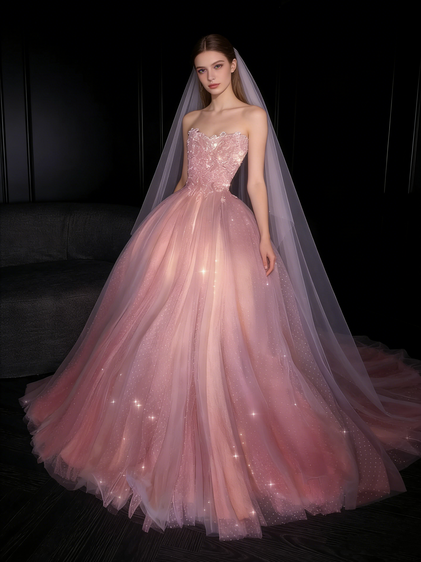 Robe de bal longue rose à pois, sans bretelles et pailletée, idéale pour une soirée formelle ou un 18e anniversaire (N735)