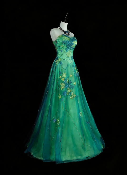 Vintage A-Linie Sweetheart Grün Tüll Mit Perlen Edelsteinkristallen Abendkleid Lang Ballkleider N2699