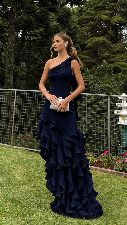 Einfaches, schulterfreies, hellblaues Chiffon-Abendkleid im Meerjungfrauenstil mit Rüschen, ideal für Hochzeiten und Partys (Modell N289).