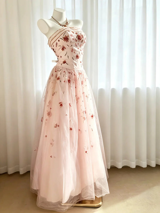 Vintage-Abschlussballkleider A-Linie Trägerlos Pink 80er Jahre mit Perlen Lang Formelle Abendgarderobe N4206