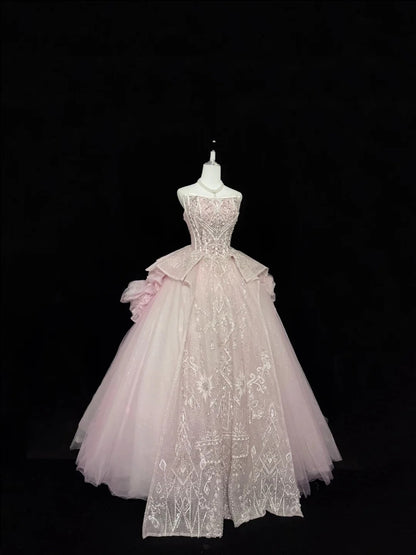 Sweet 16 Dresses Long Ball Gown Sweet Sixteen Long Birthday Dress Strapless Pink Lace Tulle Formal Gown RC0283