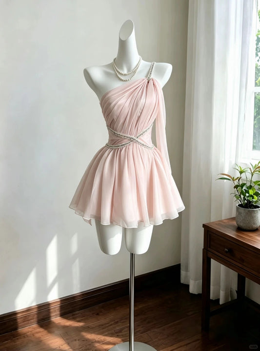 Unique A line One Shoulder Chiffon Pink Short Freshman Graduation Dresses Inspo Senior Homecoming Outfits RB4892