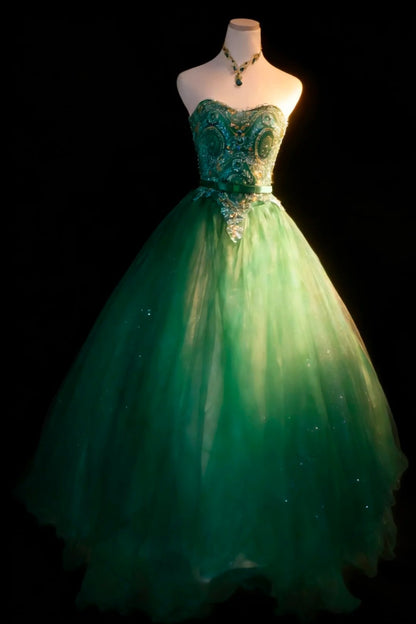 Bescheidene Ballkleider für den Abschlussball, trägerlos, aus grünem Tüll mit Perlen, langes Quinceañera-Kleid N2975