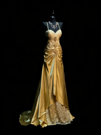 Robe de bal longue de fin d'année pour adolescentes, coupe trapèze, dos nu, en satin doré, modèle N1182
