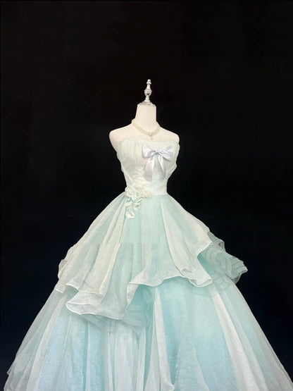 Sweet 15 Quinceanera Dress Ball Gown Strapless Mint Green Blue With Bow-knot Tulle 15th Birthday Gown RC0242