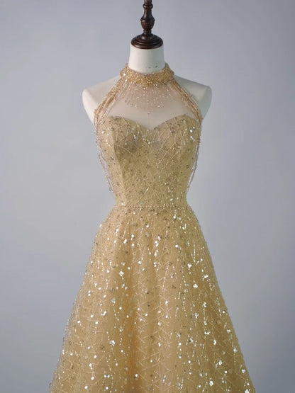Robe de bal longue à paillettes jaunes, col montant, pour lycéennes (N1290)